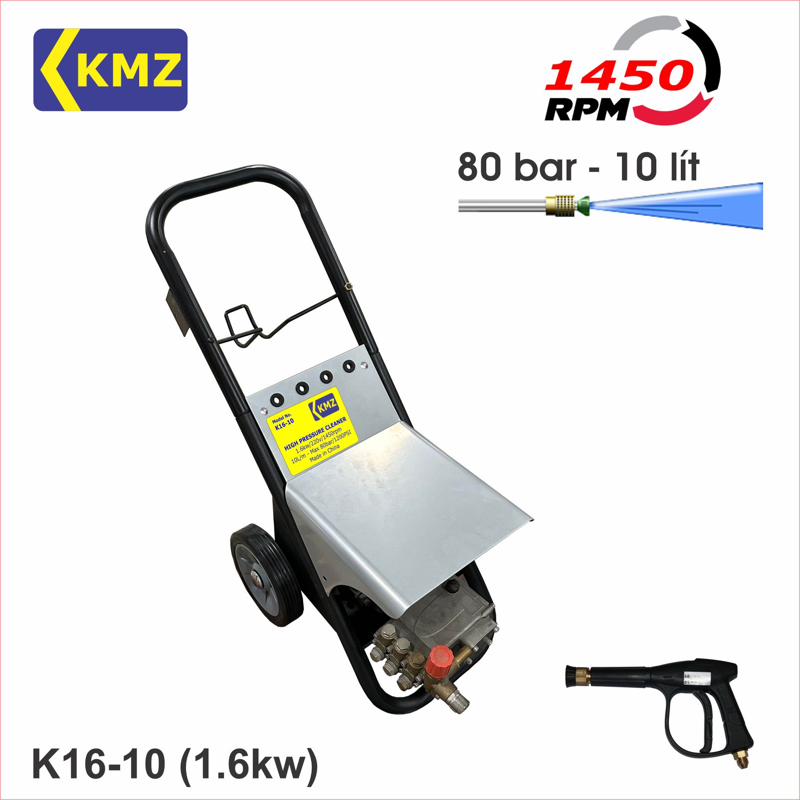 Máy rửa xe cao áp K16-10 - 1.6kW, 80bar, 9.5L/phút