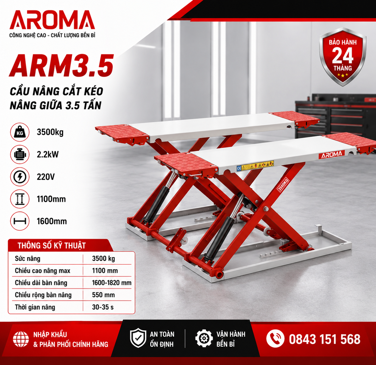 Cầu nâng cắt kéo di động Aroma 3.5 tấn  nâng 1 mét, có thể di chuyển