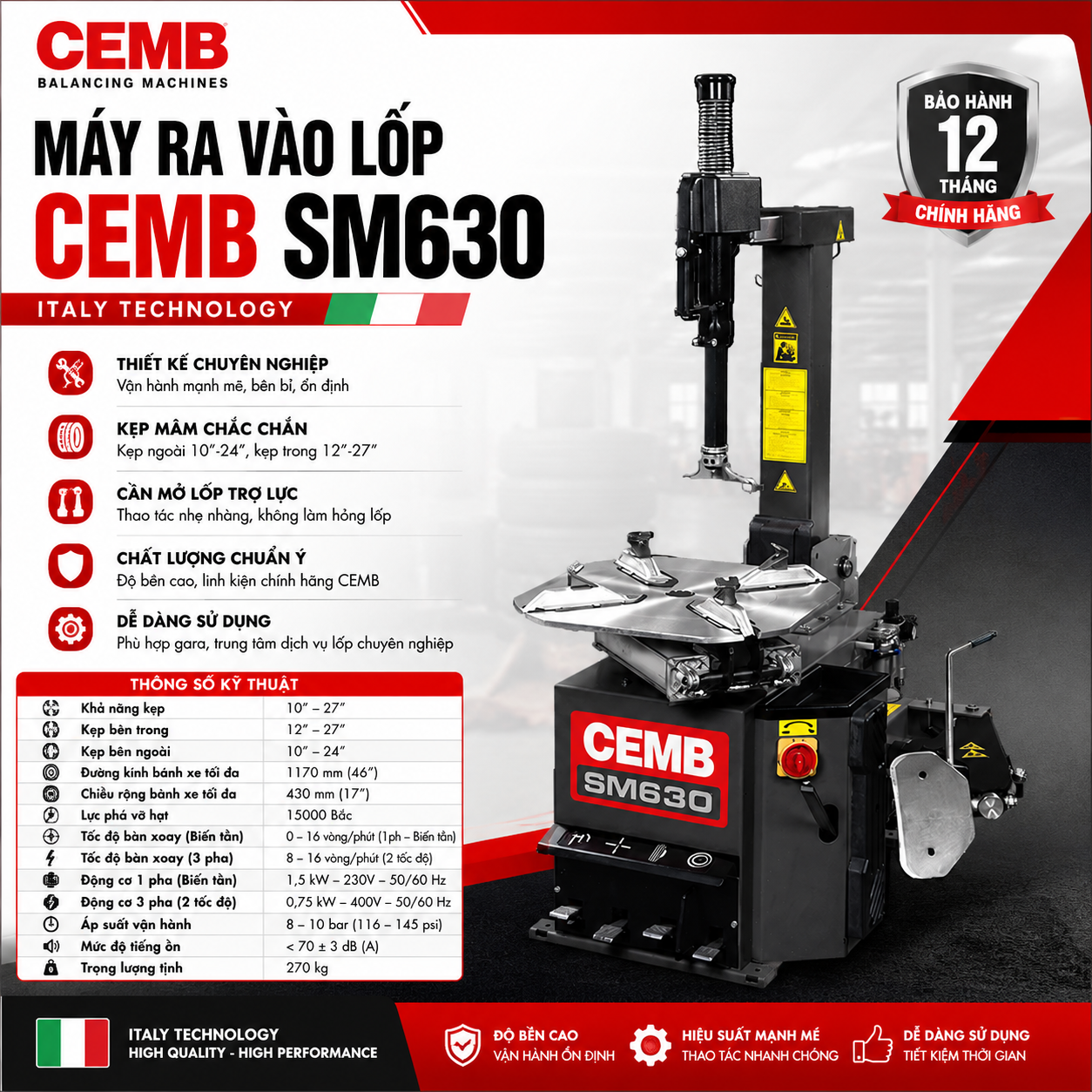Máy thay lốp CEMB Ytali có công suất 10"-24" SM630
