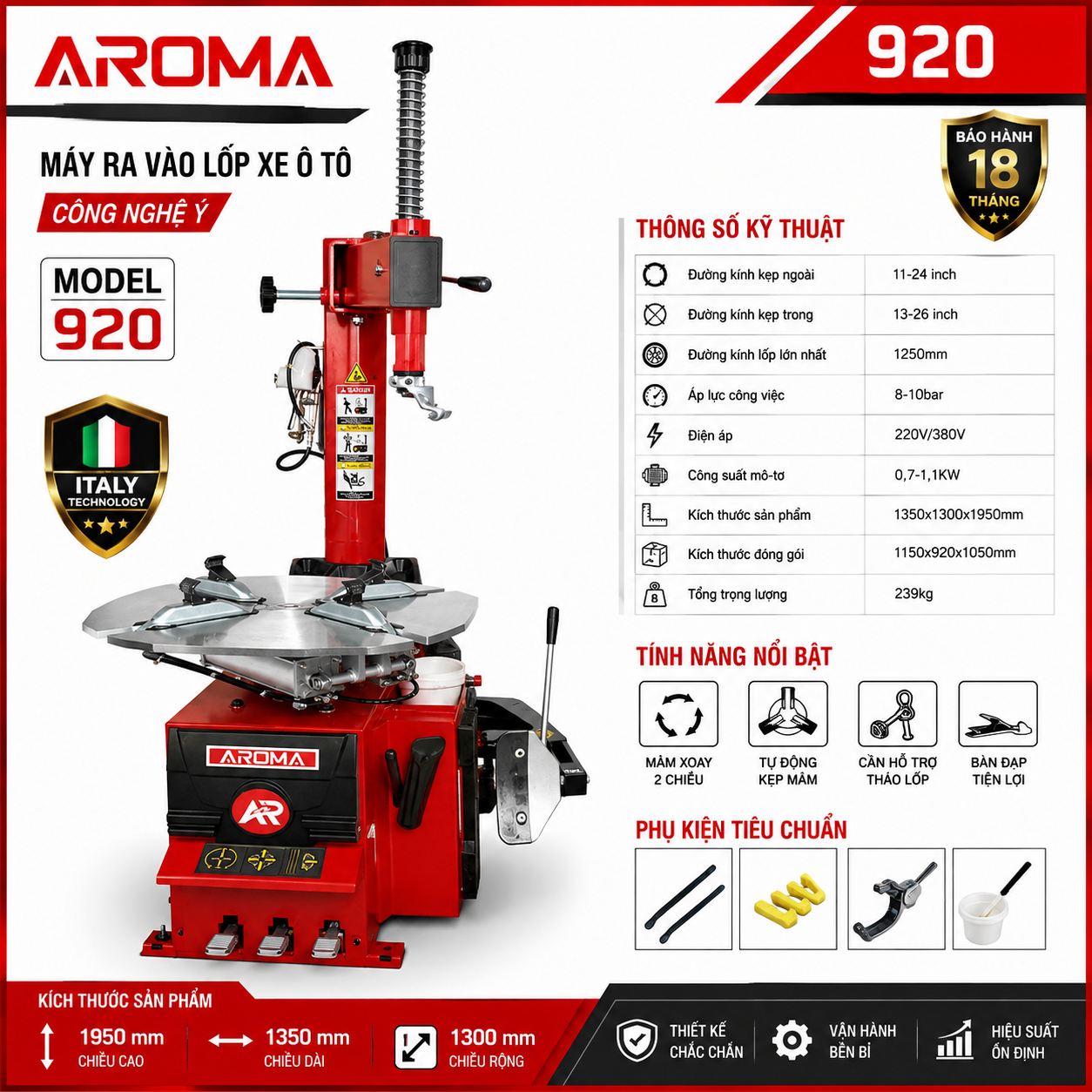 Máy ra vào lốp xe ô tô, tháo vỏ xe con công nghệ Ý  Aroma 920